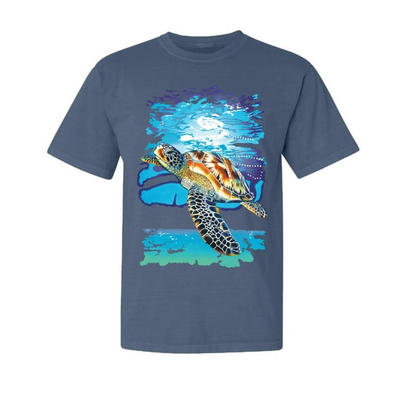Wild Bobby, Swimming Sea Turtle, Garment-Dyed Washed Look Short Sleeve Tees, Navy, X-Large