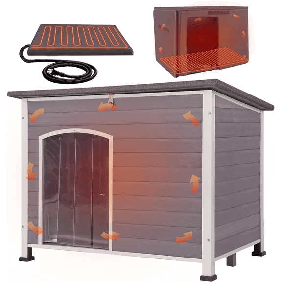 Aivituvin Extra Large Heated Insulated Dog House for Winter Wooden Outdoor Dog Kennel with All-Around Iron Frame
