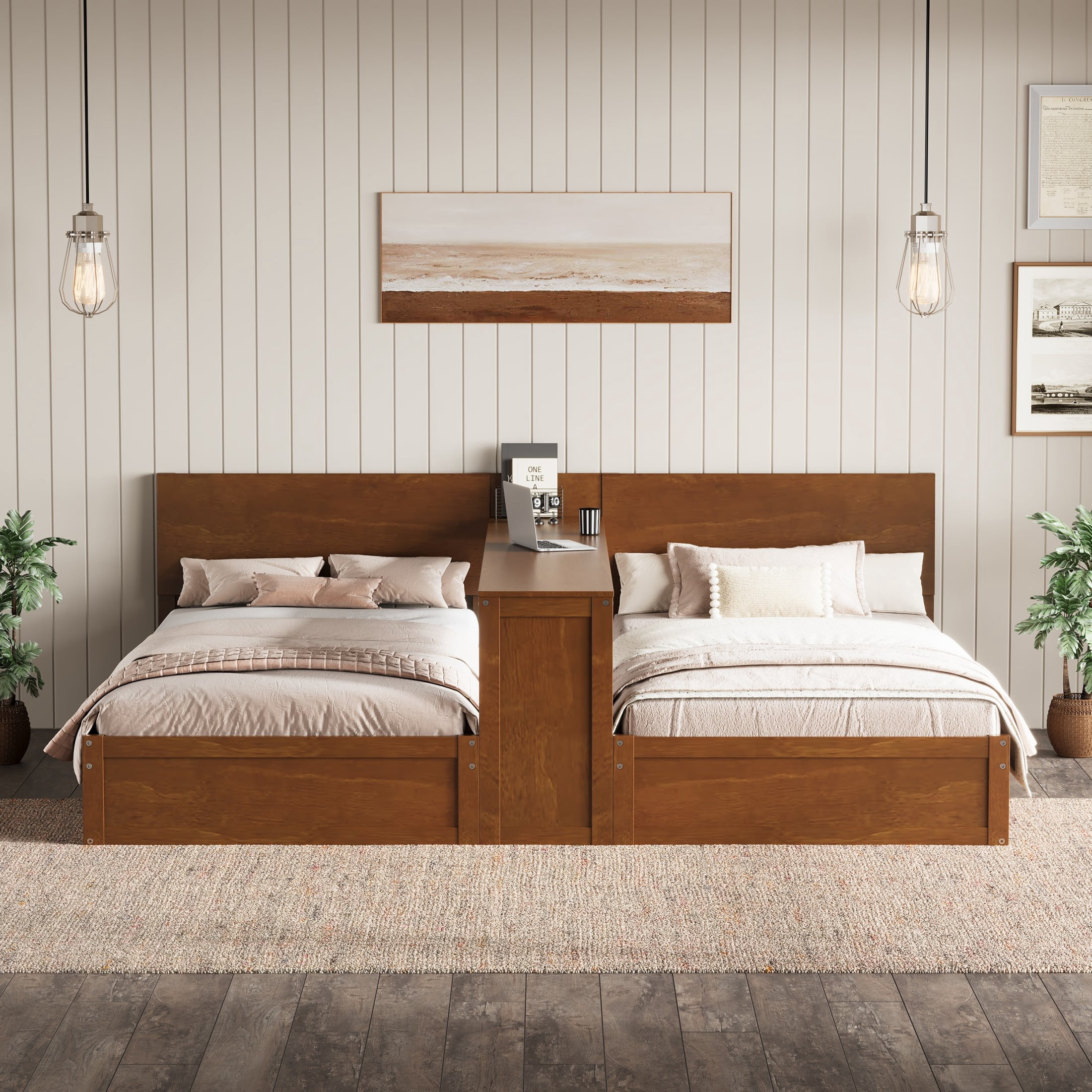 Noble House Girel Twin Platform Bed Frame Set for 2 Kids with Adjustable Storage Desk, Space-Saving Design, Walnut