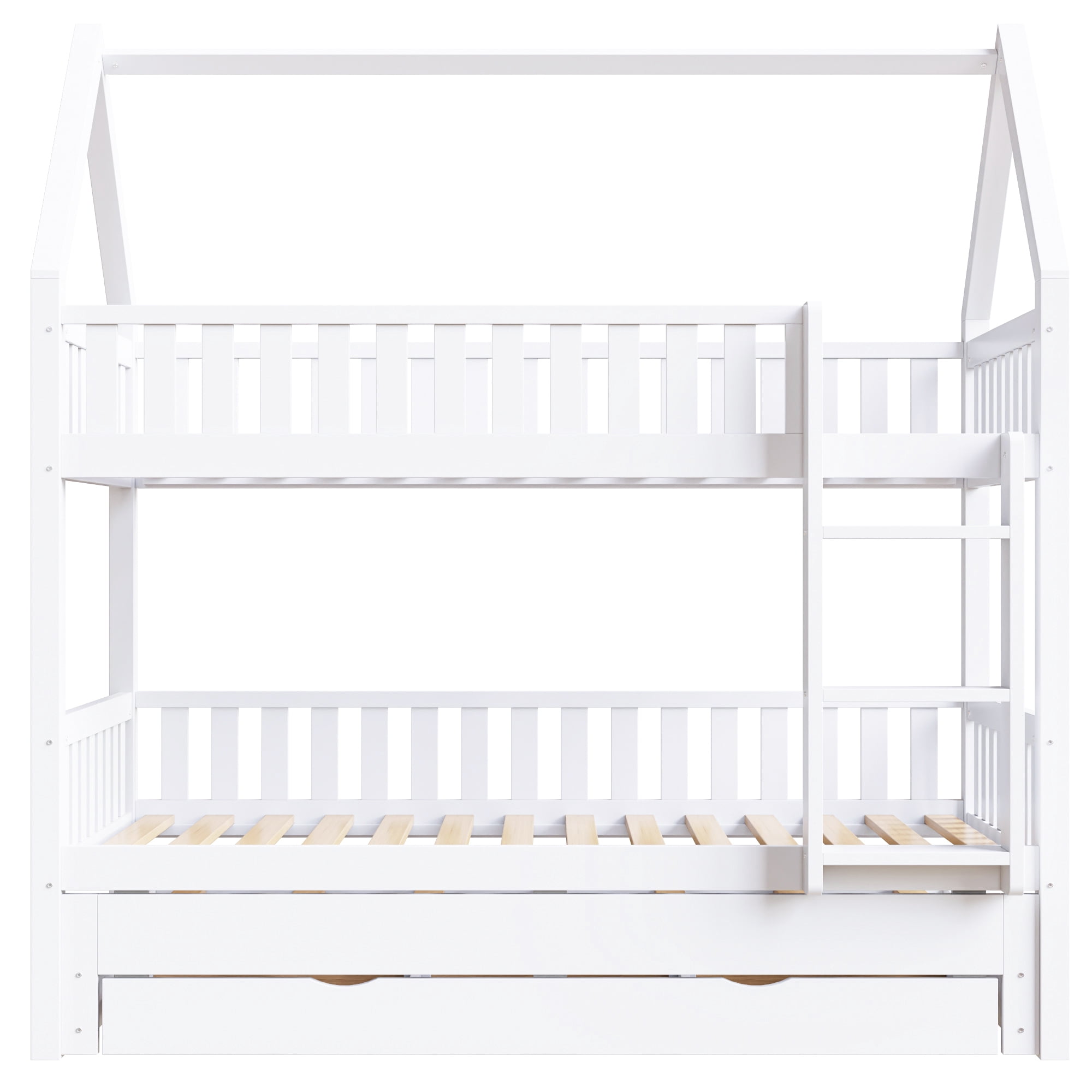 Euroco Wood Twin over Twin Bunk Bed with Trundle and Drawers, White
