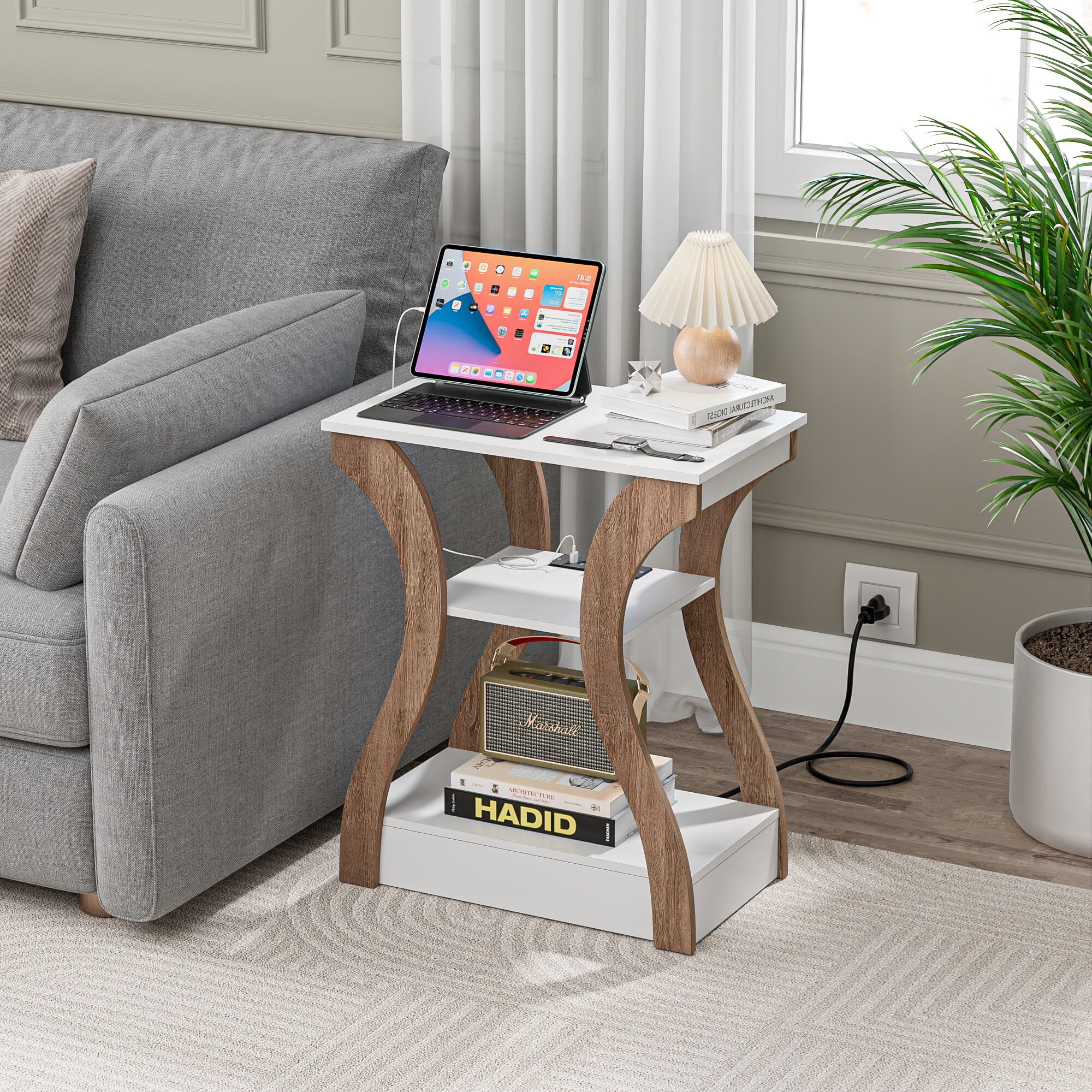 ZENSTYLE Side Table 3 Tier End Table with Charging Station Nightstand with USB Storage Shelf White