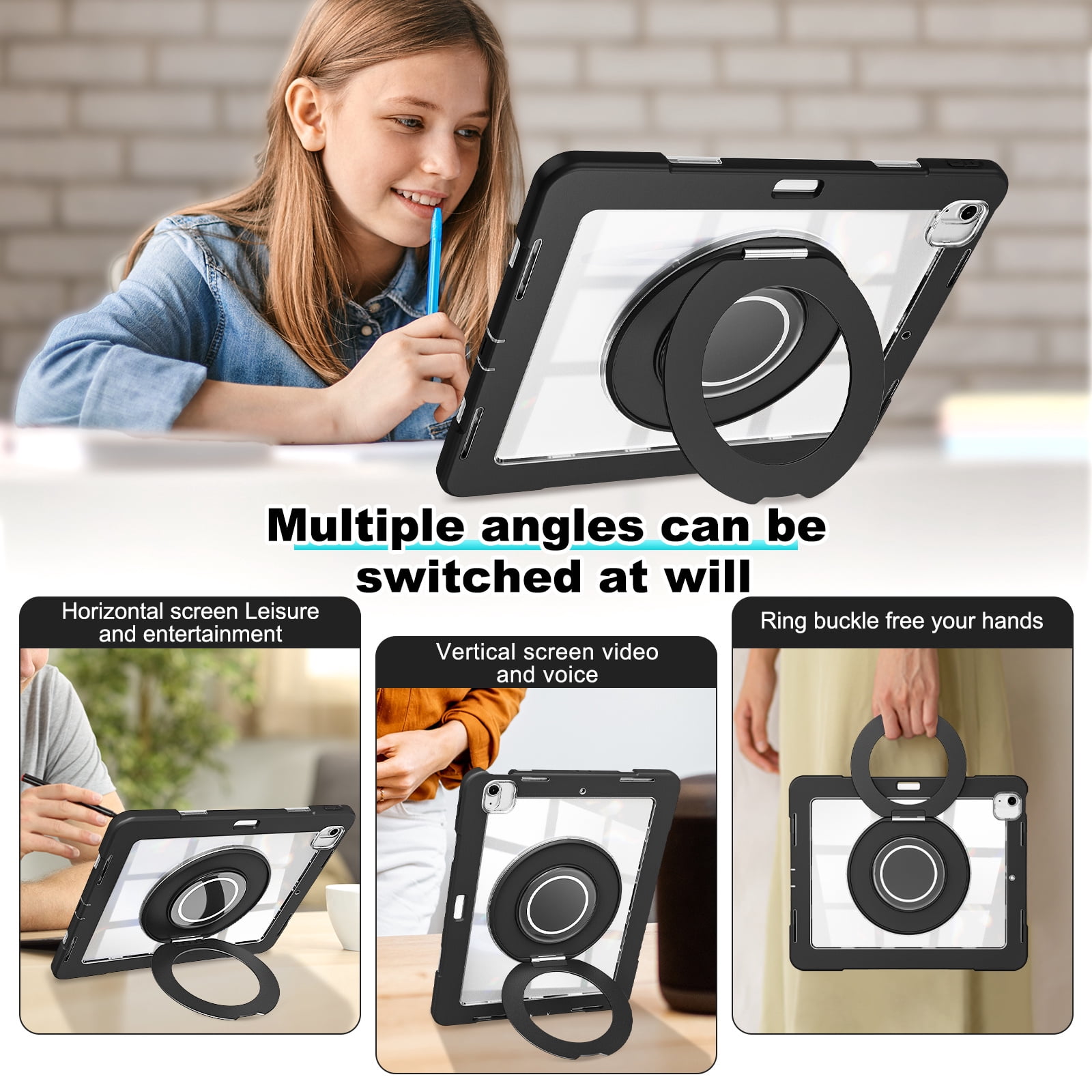 XYX Shockproof Tablet Case for iPad Air 13 inch M3 2025/iPad Air 13 inch M2 2024 with 360 Rotating Stand, Slim Lightweight with Pencil Holder, Black