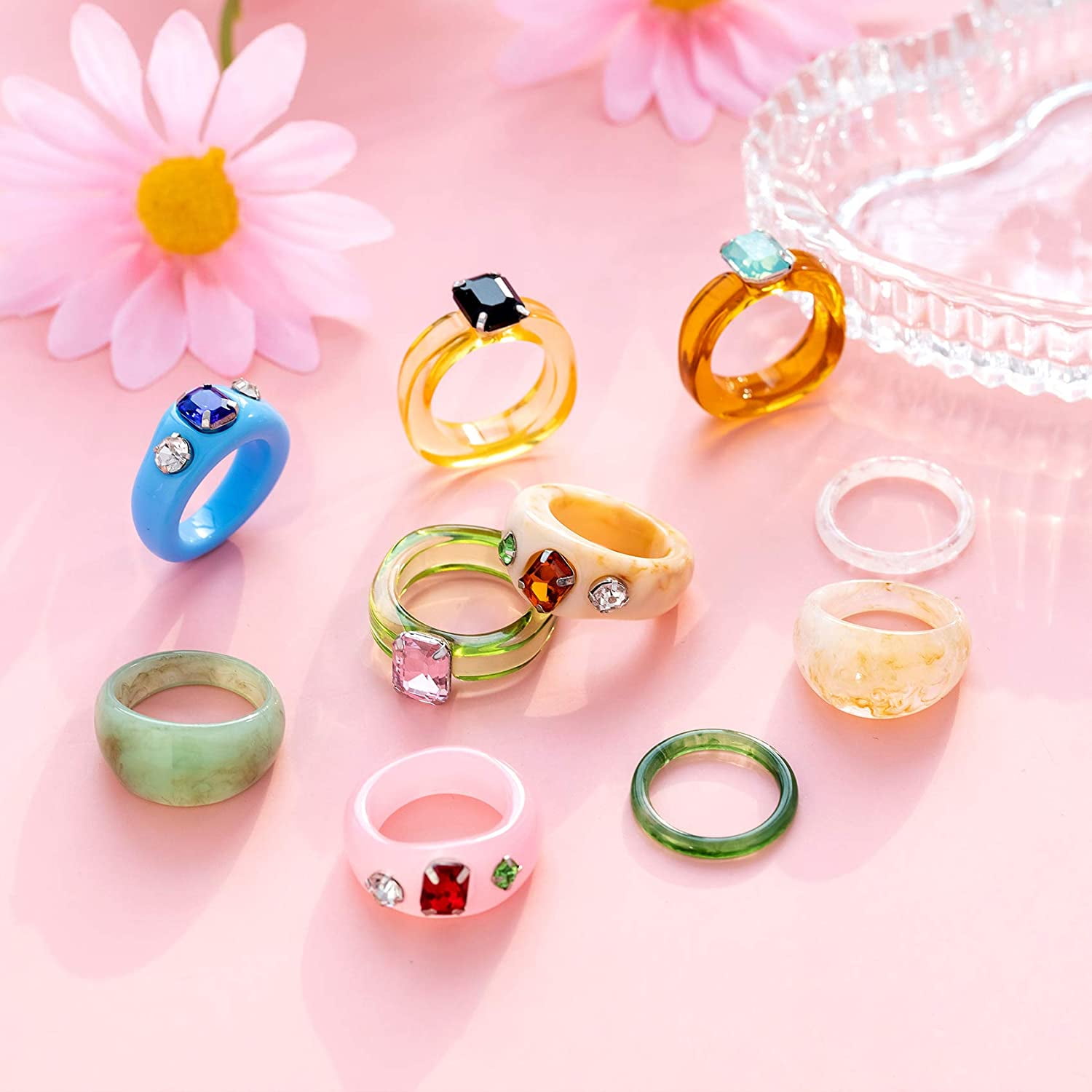 12 pcs Colorful Resin Rings Wide Thick Dome Knuckle Finger Stackable Joint  Ring Retro Acrylic Transparent Vintage Jewelry Party Elegant Handmade Gift