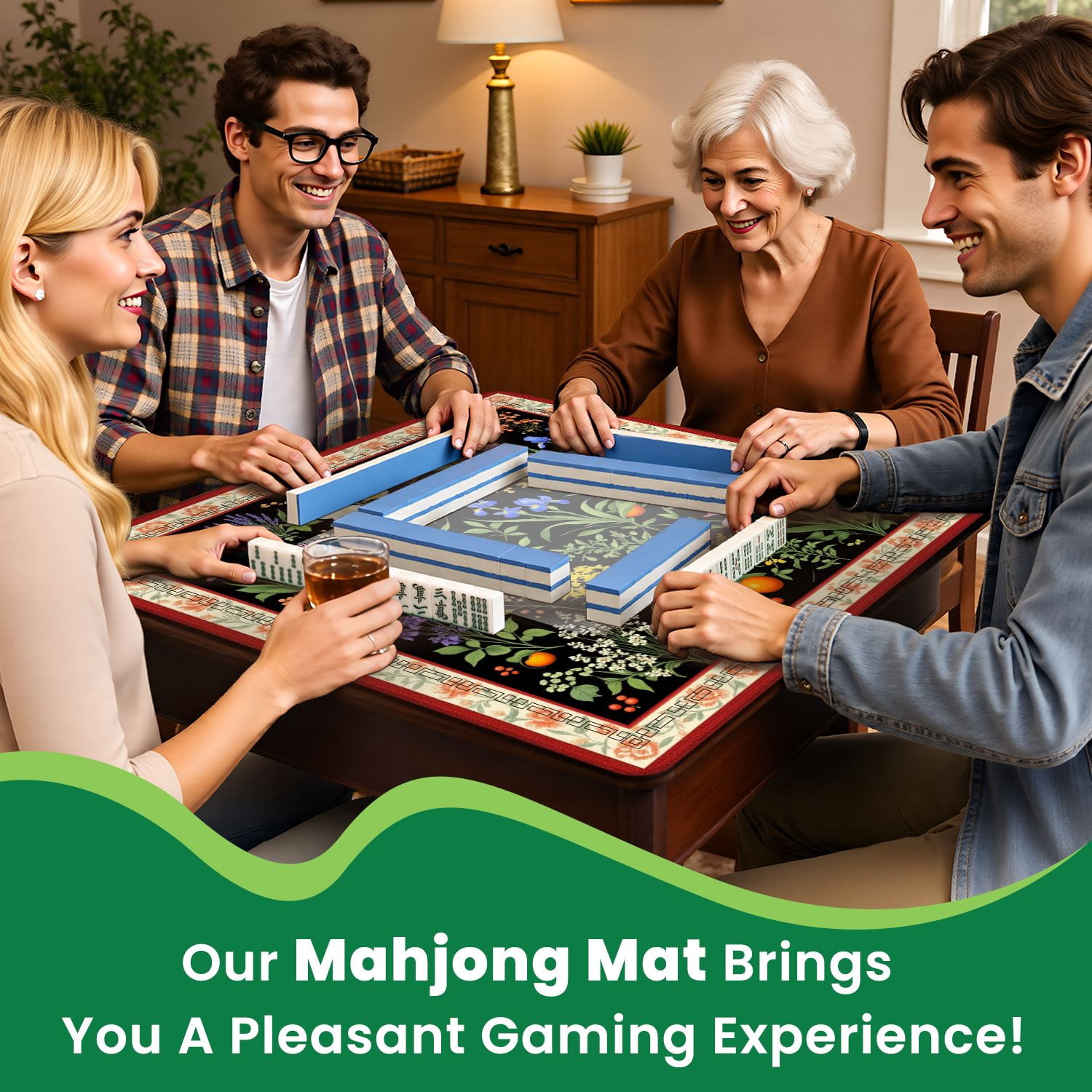 Mahjong Mat 31.5" x 31.5" Floral Pink Lilies Blue Irises White Yellow Flowers Black Non-Slip Noise Reduction American Mahjong Tiles Table Cover for Dominoes Poker Card Board Games Gift