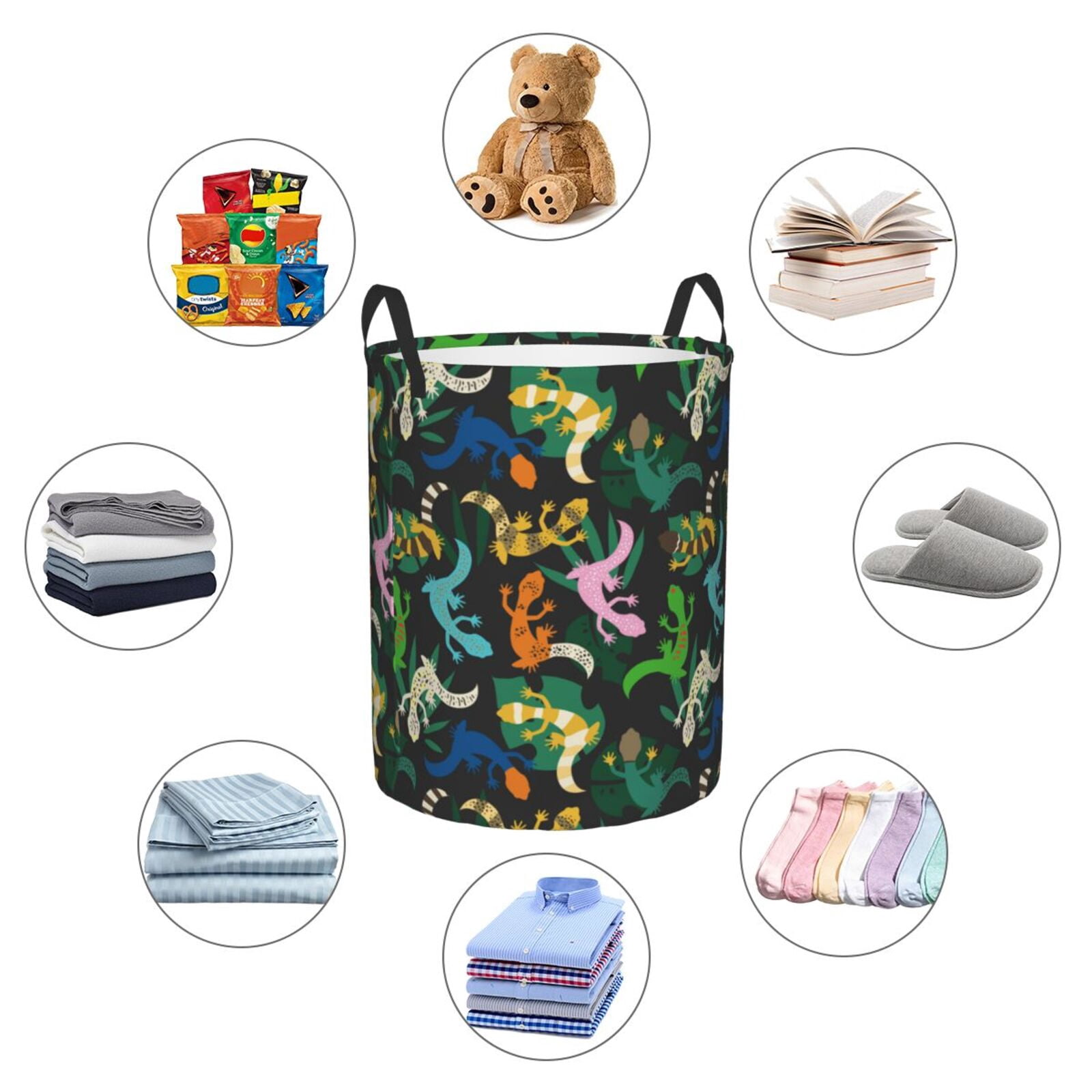 Large Laundry Basket with Handles - Striped Cute Lizard Gecko Plant_A Kids Baby Dirty Clothes Laundry Hamper for Bedroom Aesthetic