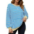 thumbnail image 2 of Fanxing Fashion Fall Pullover Sweatshirts for Women Long Sleeve Stripes Print Casaul Tops Crew Neck Cute Holiday Clothes 2025 Light Blue,XL, 2 of 5