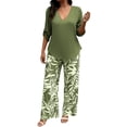 thumbnail image 2 of BWASD Womens Pajamas Set 2 Piece Summer Casual Elegant Print Loose Sleepwear V Neck Short Sleeve Top and Long Pants With Pockets Pjs Set Leisure Home Wear Daily (Green 2XL), 2 of 5