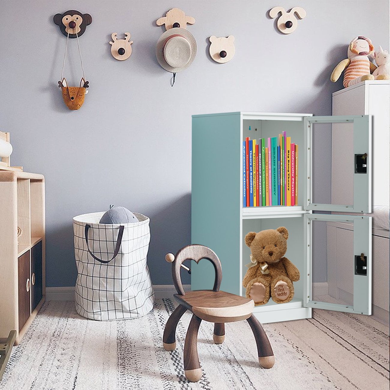 MECOLOR -Metal Vertical Small Locker with Padlock latch 2 Compartment plastic transparent door file cabinet for kids room, school ,office, and gym.