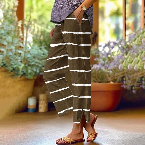 Pincandy Women's Fashion Printed Linen Blend Elastic Waist Casual Pants with Pockets, Button Decorated Split Hem, Casual & Daily Wear