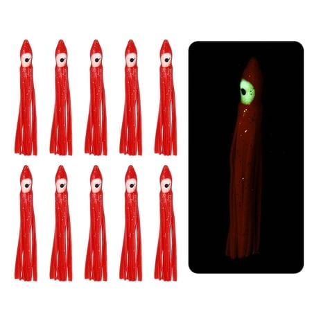 Fishing Squid Skirts Glow Soft Plastic Trolling Lures Luminous 2 x 0.3 Inch & 10 Pcs & Dark Red -Fitting for (Bass/Trout)
