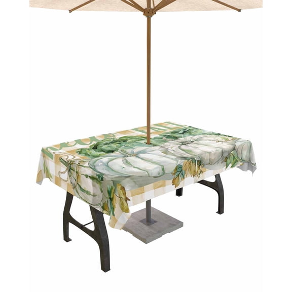 Fsddascl Hello Fall Outdoor Tablecloth - 60x102 Inch Rectangle Dining Table Cover, Watercolor Pumpkins Vegetable Orange Plaid Waterproof Outdoor Table Cloth with Umbrella Hole & Zipper for Patio