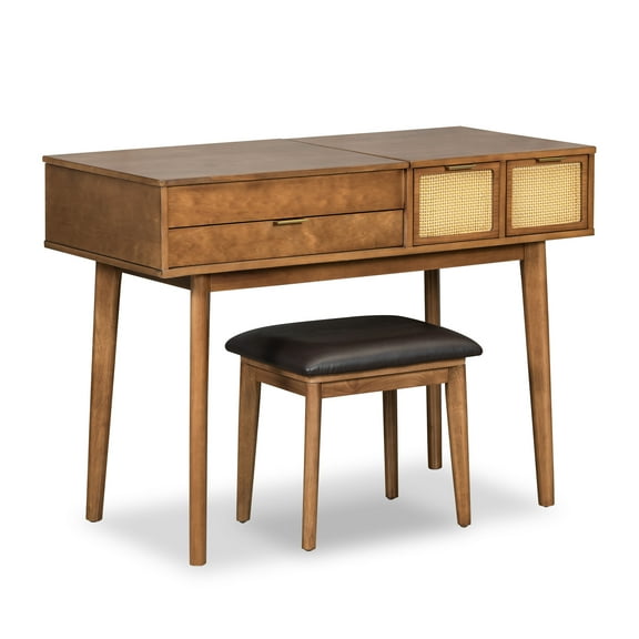 Alvantor Wood Makeup Vanity Set 43.3" Classic Dressing Table with Flip-top Mirror and Stool, Writing Desk Brown