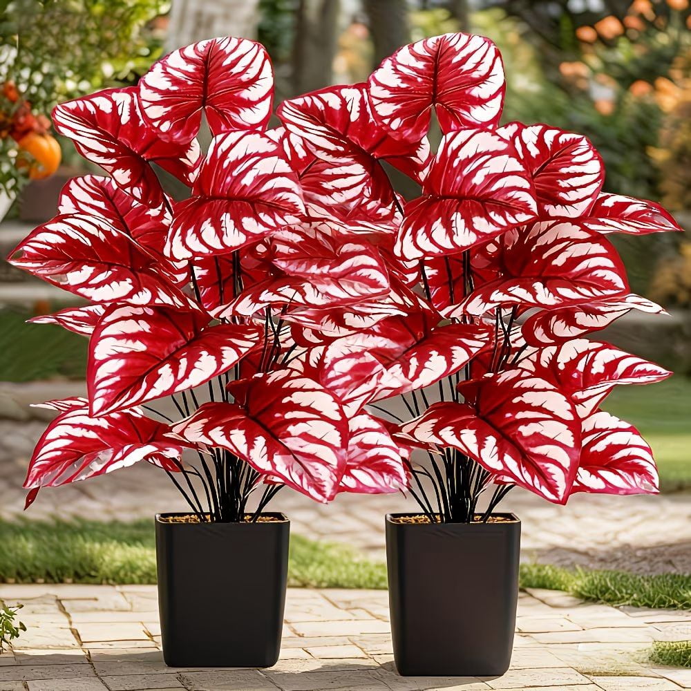 2 PCS 27.5 Inch Artificial Caladium Plants, Faux Red Leaf Caladium, UV Resistant Fake Plants for Indoor Outdoor Home Garden Decor, No Pot Included