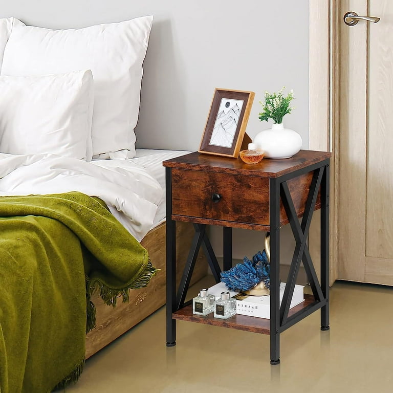 Bilot Set of 2 End Table Nightstands with Drawer and Storage Shelf Industrial Bedside Table Heavy Duty Metal X Frame for Bedroom Living Room