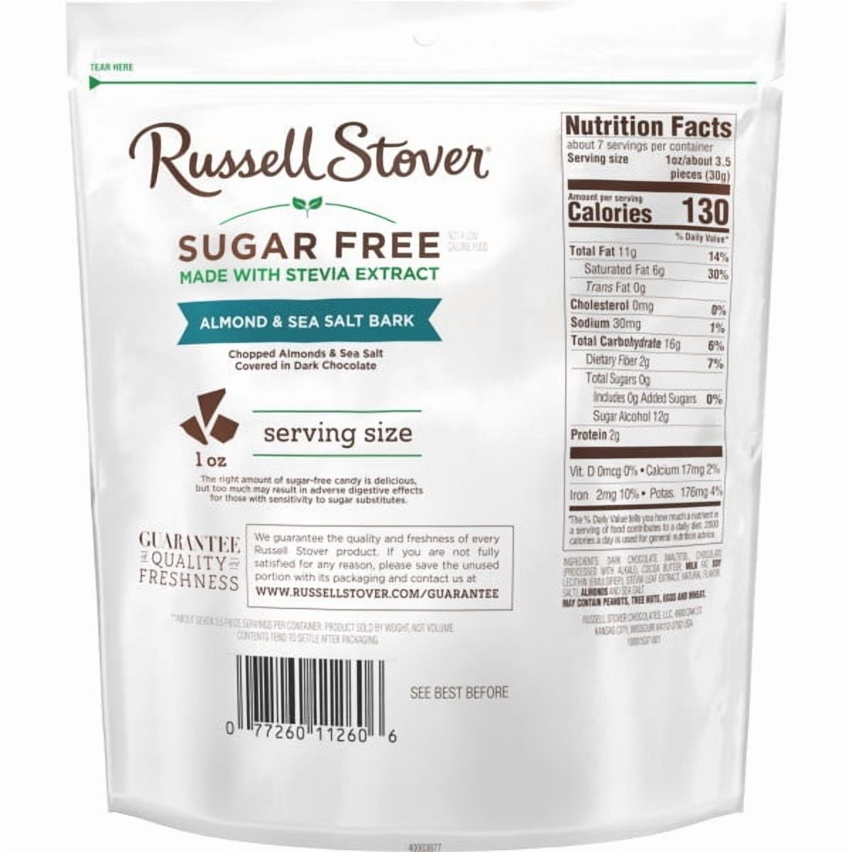 RUSSELL STOVER Sugar Free Dark Chocolate Almond & Sea Salt Bark, 7.5 oz bag (≈ 24 pieces)