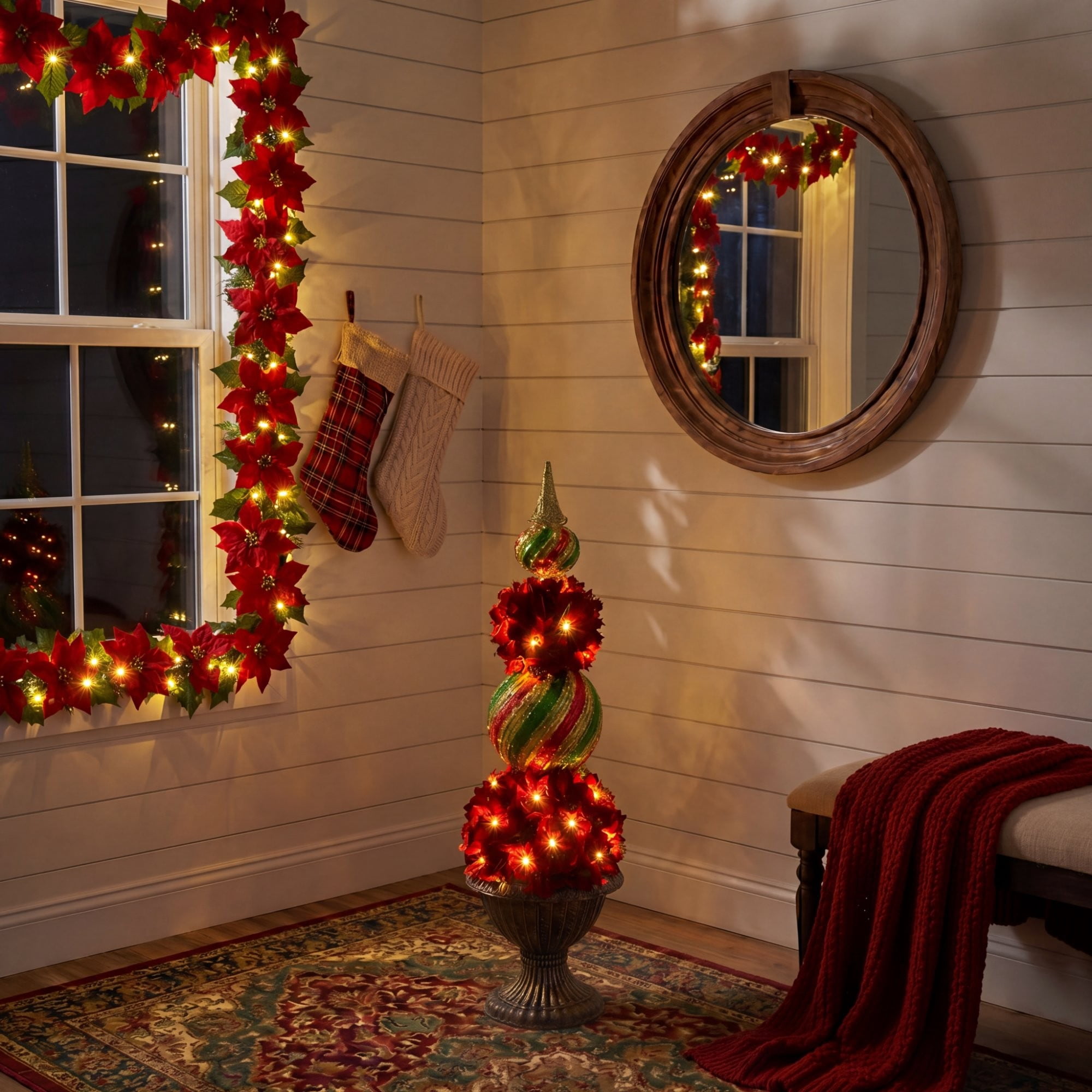 3ft. Pre-Lit Artificial Christmas Poinsettia Topiary Tree with Finial Ornament and 70 LED Lights in Decorative Urn