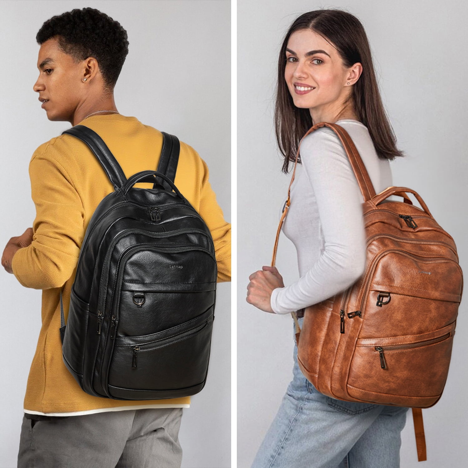 43L Vegan Leather Backpack for Women & Men, Travel Carry On Backpack, College Bookbag, Work Laptop Backpack fits 17 inch Laptop，Black