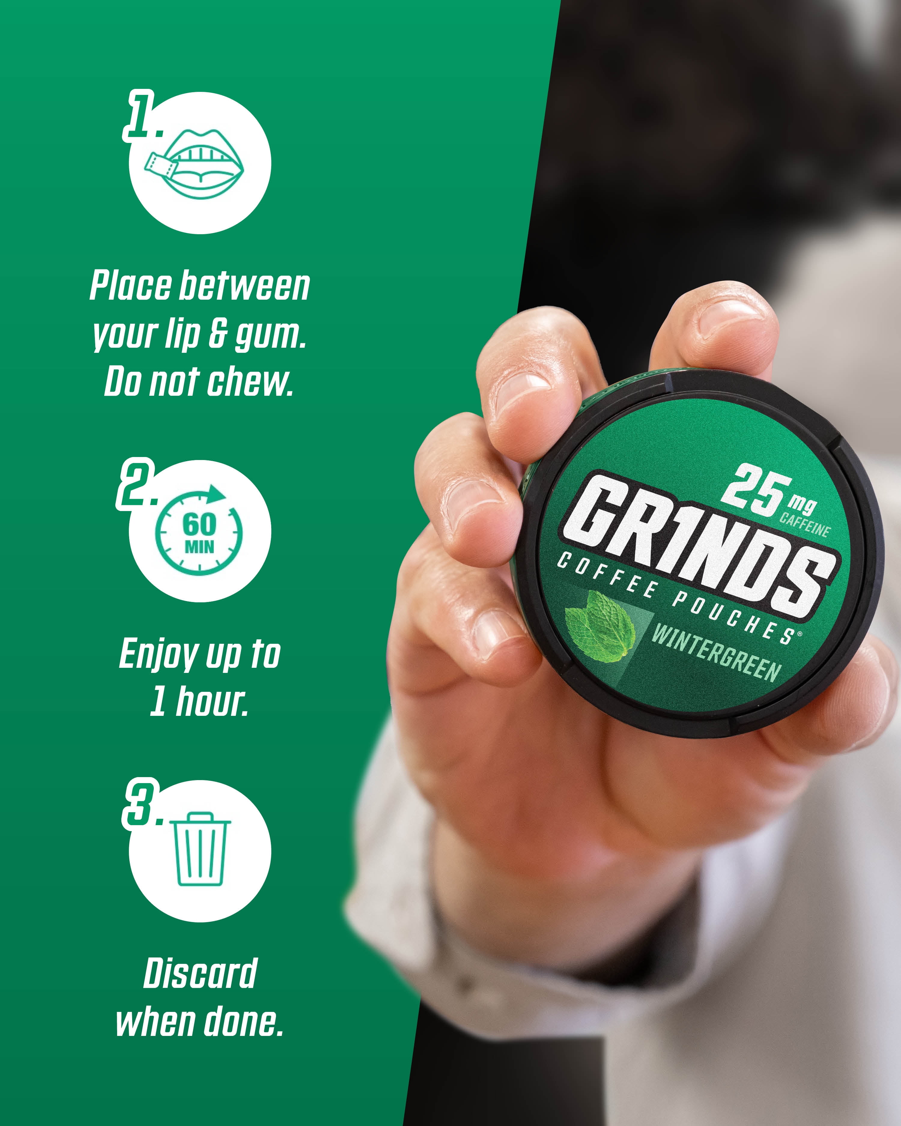 does grinds coffee pouches have tobacco (3 pack) Grinds Coffee Pouches, Nicotine-Free, 25mg Caffeine, Wintergreen,  15 Pouches (1 Can)