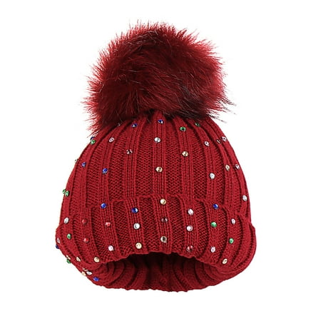

Children Baby Knitting Wool Hemming Hat Keep Warm Winter Hiarball Rhinestone Cap