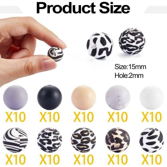 100 Pcs 15mm Silicone Beads Cow Print Zebra Print Leopard for Keychain Bracelet Necklace DIY Crafting Making Print Animal Print Silicone Beads Bulk