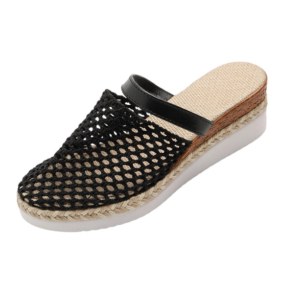 CYMMPU Women's Hollow Mesh Mule Wedge Sandals, Breathable Closed Toe Espadrille Platform Slip On Shoes, Spring Summer Casual Walking Footwear Black 37