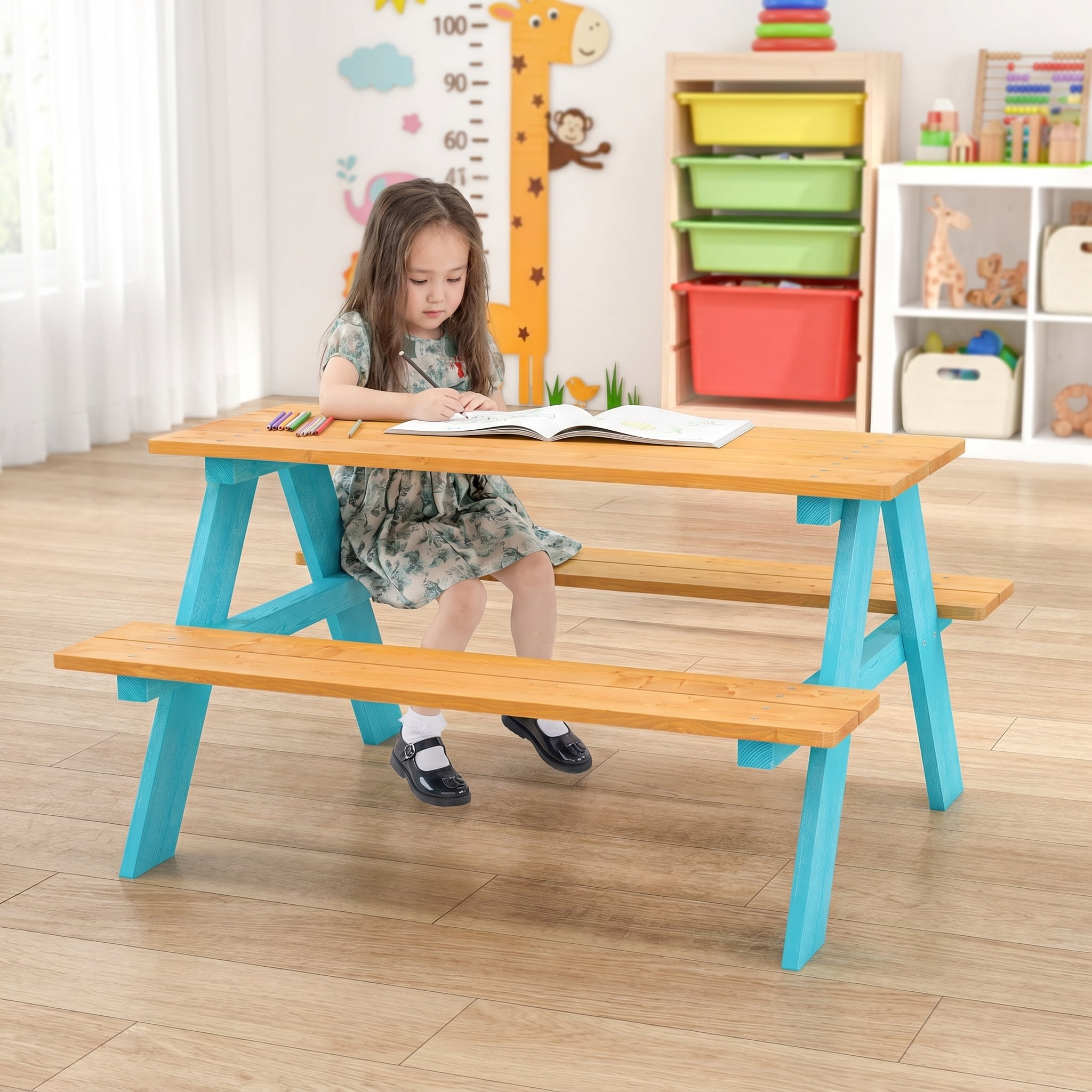 Kadyn Outdoor Table & Bench Set, Kids Backyard Furniture,Children Outdoor Wooden Table with Bench Seats for Indoor and Outdoor Use-Natural