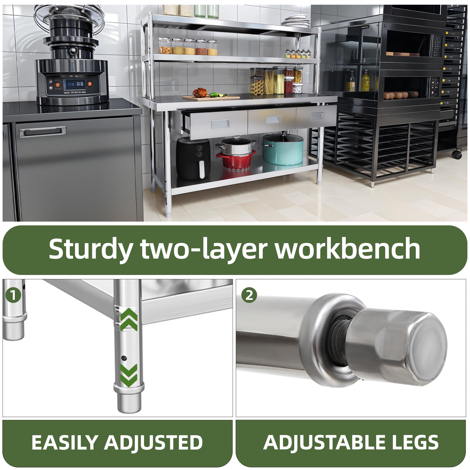 Uforic 60" X 24" Stainless Steel Table with Overshelves and 3 Drawers, Work Table with 72" X 12" Shelf & 3 Drawers, Metal Table Prep Table