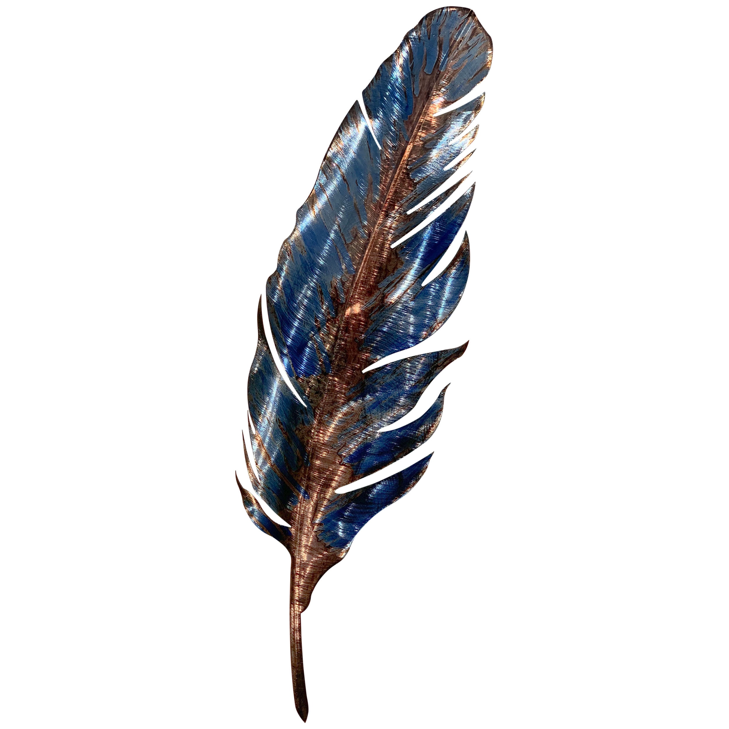 Large Cobalt Blue and Bronze Steel Feather Wall Art
