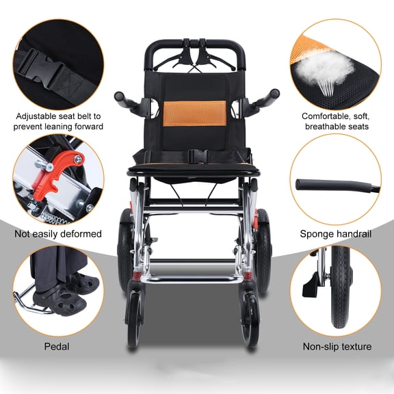 Happydeer Wheelchair, Lightweight Foldable Transport Wheelchair, 15.75-inch Wide Seat Wheel Chair with Handbrake, 12 inch Shock-absorbing Pump, Load Capacity of 80KG