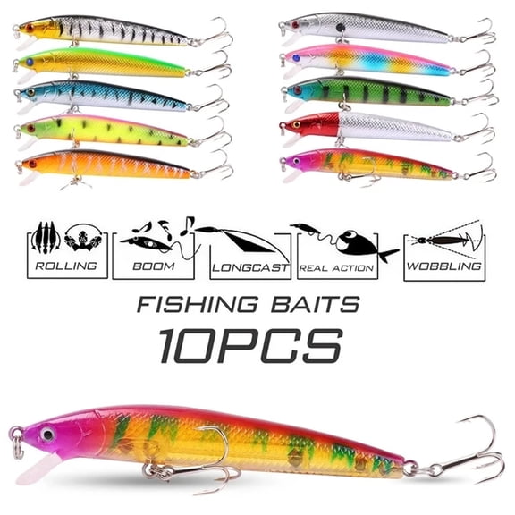 Jonster Fishing Lure Set - Multi-Colored Artificial Lures for Freshwater and Saltwater Fishing - Double Hook Lures (10 Pieces)