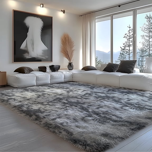 Pentantan 8’ x 10’ Shag Area Rugs, Soft Fluffy Indoor Carpet for Living Room Bedroom Decor, Tie-dyed Dark Gray