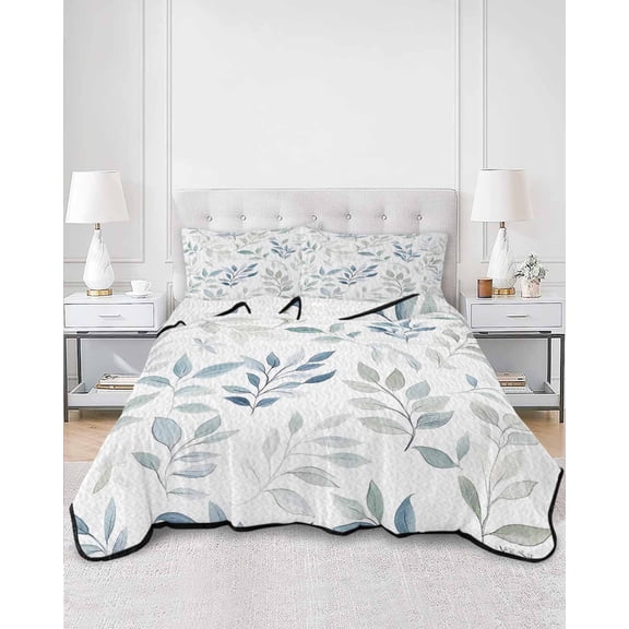 Quilts Queen Size, Blue Teal Botanical Soft Comforter Bedding Set for Bed, Watercolor Spring Summer Leaves Lightweight Quilted Bedspread with Pillow Cover(2 Pieces) for All Season, 90x96 Inch