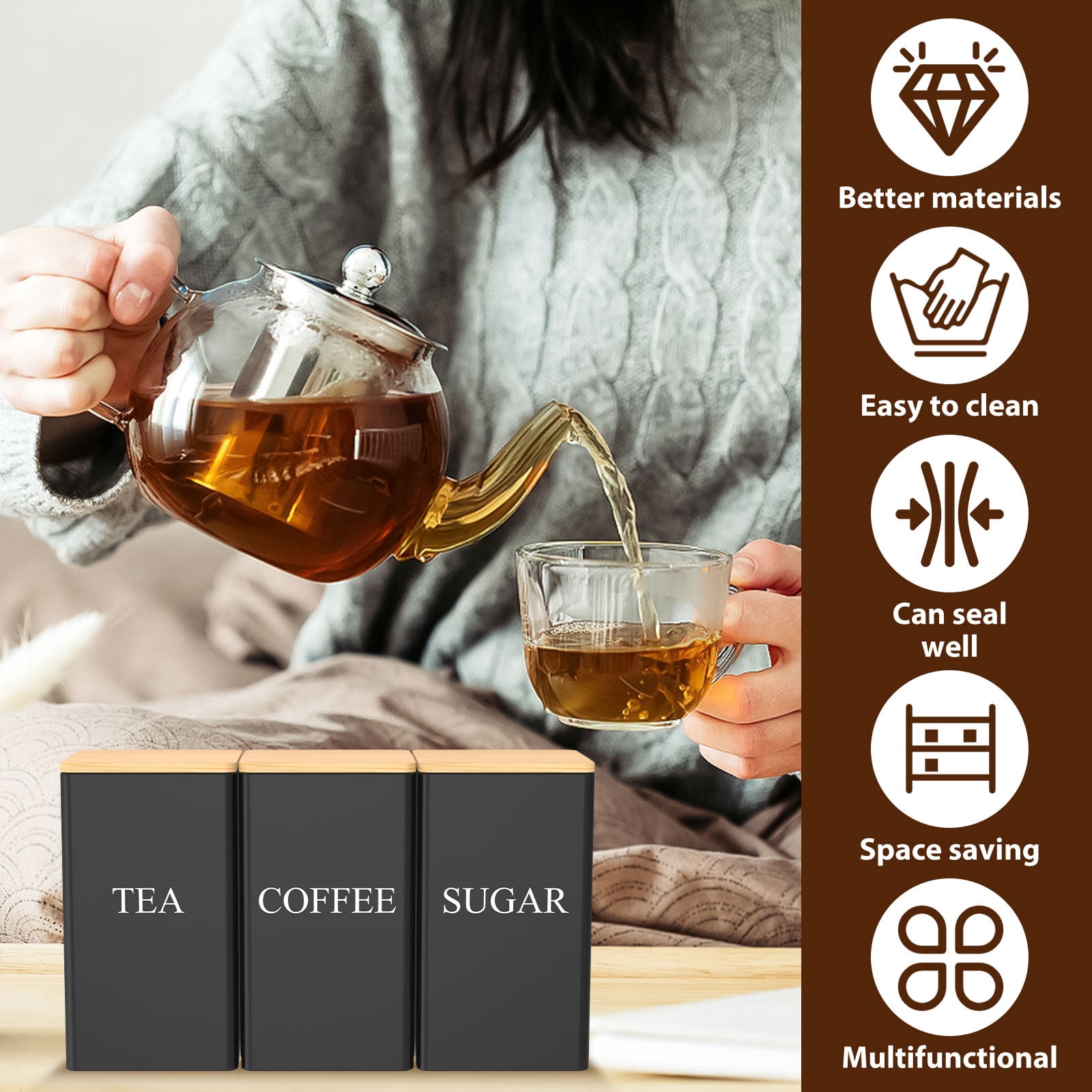 Tcwhniev 3 Pcs Coffee Tea Sugar Container Set with Bamboo Lid Metal Tea Coffee Sugar Canister Set for Kitchen Airtight Coffee Tea Sugar Food Storage Container