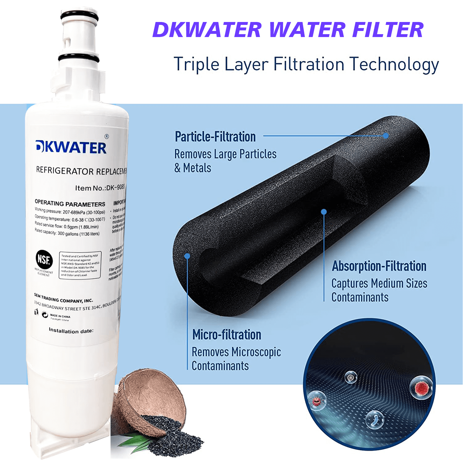 DKWATER White Refrigerator Water Filter Compatible with Whirlpool 4396508 6-Pack