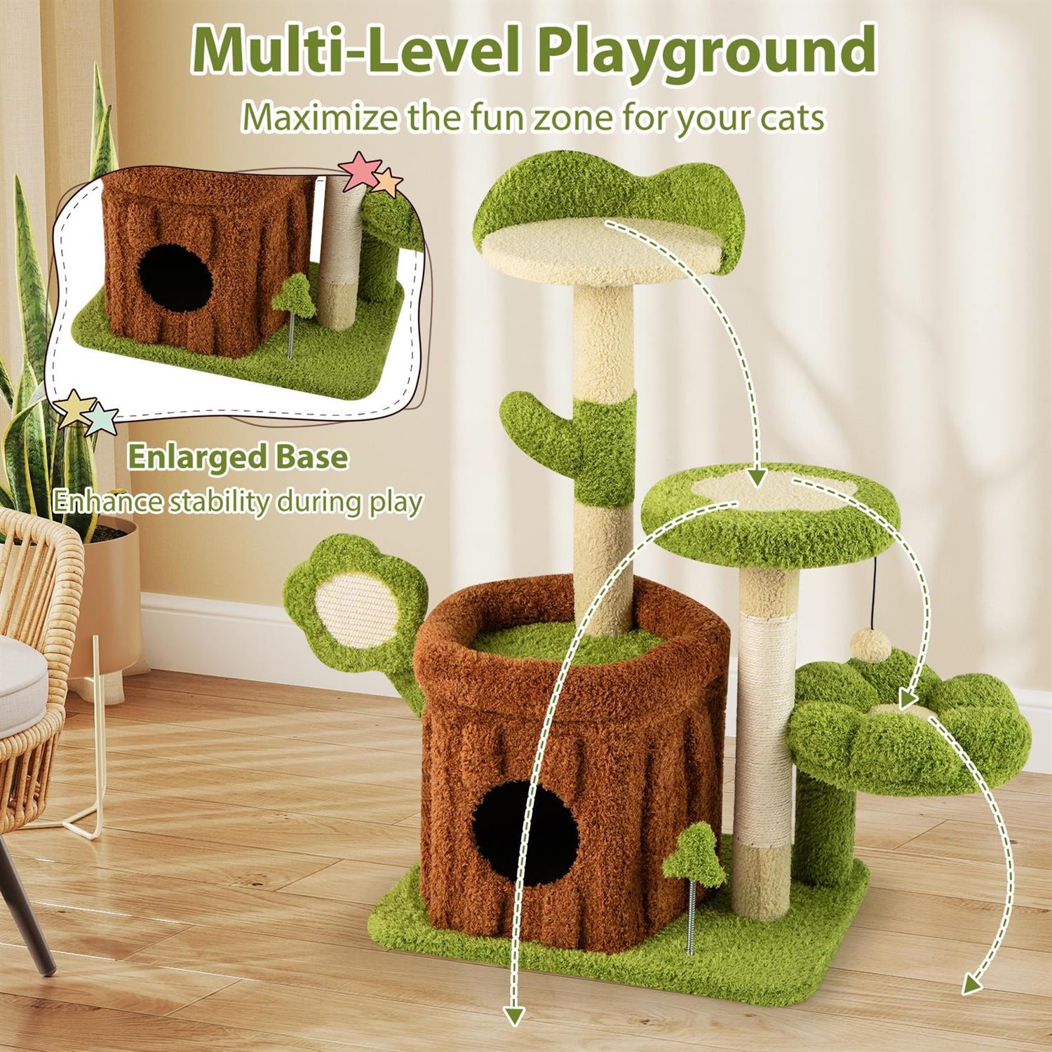 Pefilos Cute Indoor Cat Jungle Activity Center, Condo & Flower-shaped Perch, Scratching Post & Board, Green
