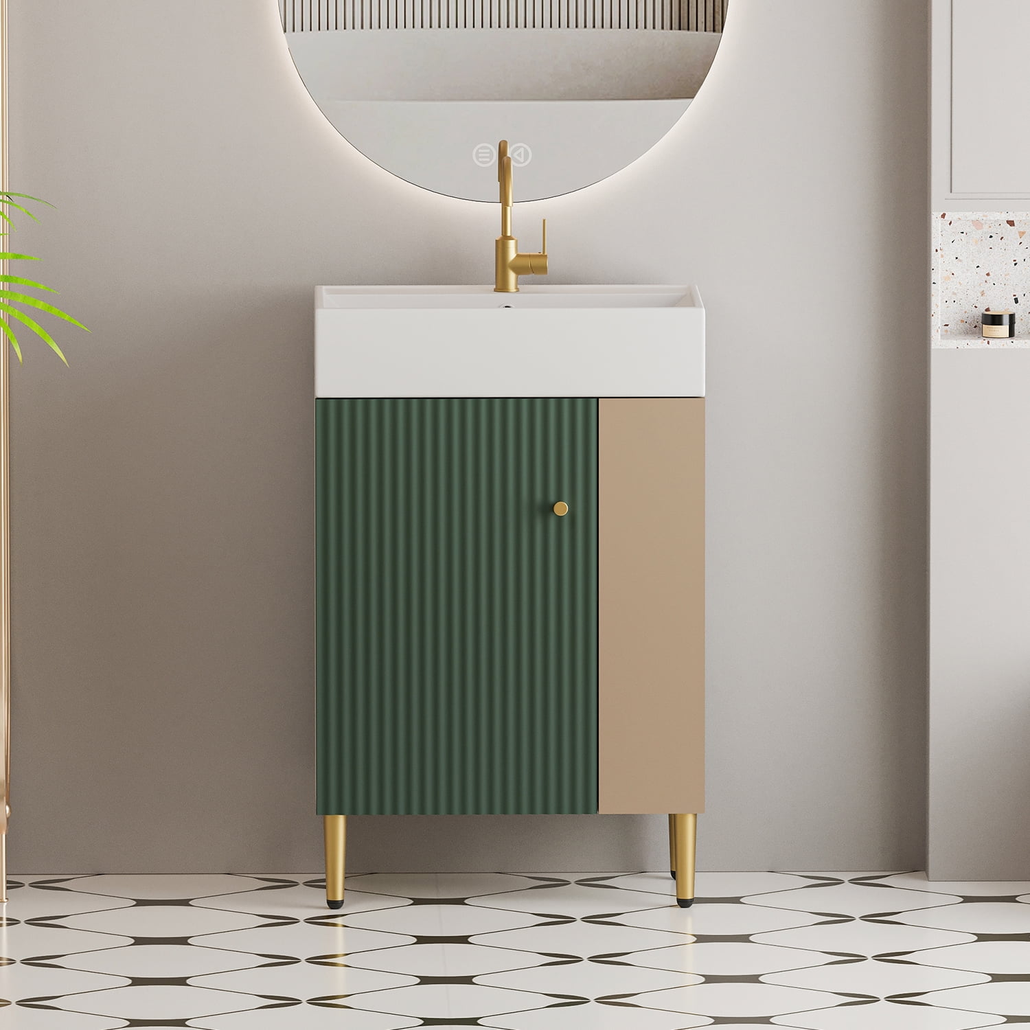 Demi Bonn 21" Bathroom Vanity with Ceramic Sink and Soft-Closing Door, Cloakroom Open Shelf Storage Cabinet on the Right Side, Faucets and Drains Not Included, Green