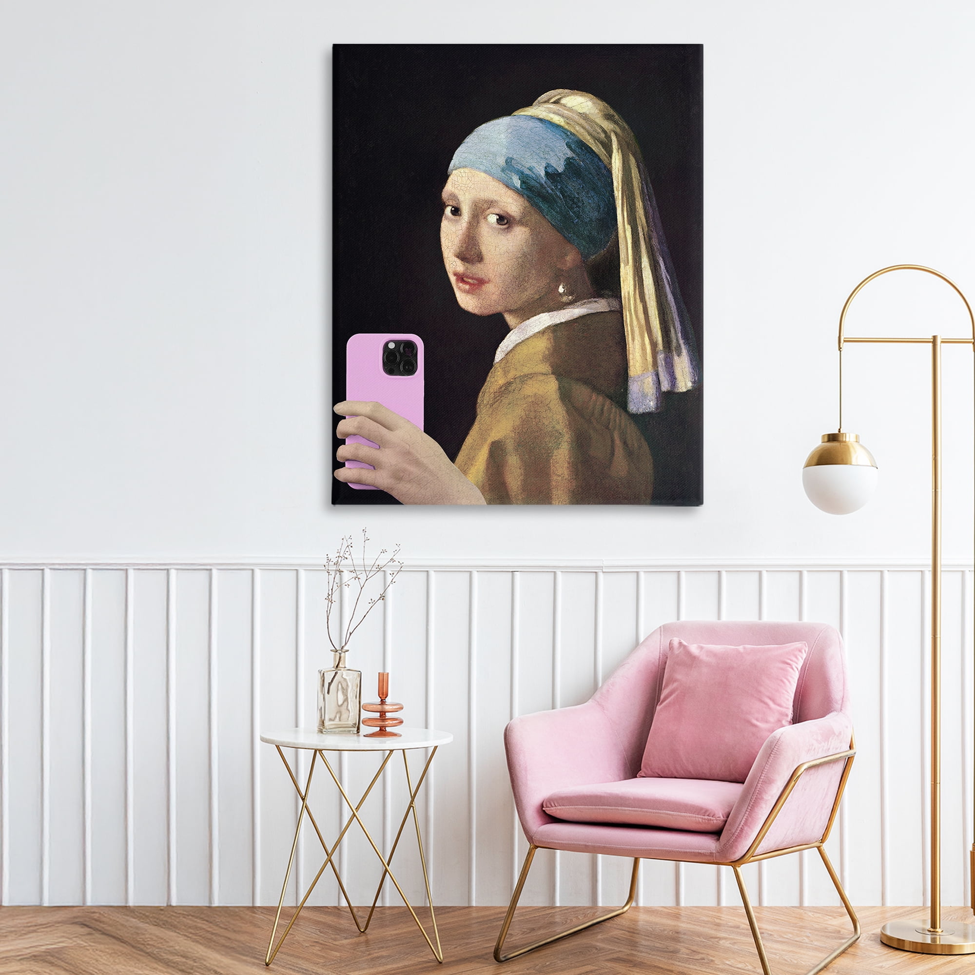 Girl With Pink Phone Funny Canvas Wall Art, design by Masters Redux