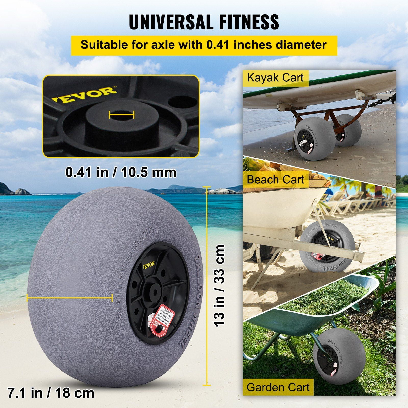 13 Inch Beach Balloon Wheels 32 Inch Stainless Steel Axle TPU Cart Tires for Kayak Dolly Canoe Cart Buggy with Free Air Pump 2 Pack