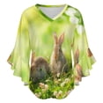 thumbnail image 5 of Cute Little Easter Bunnies On Green Grass Women's V-Neck Blouse With 3/4 Ruffled Bell Sleeves Casual Top Ladies Blouses, 5 of 7