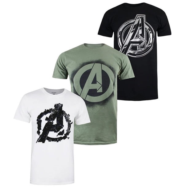 Marvel Avengers - Camiseta Logotipo para Hombre - Pack de 3 (Negro, Verde, Blanco)