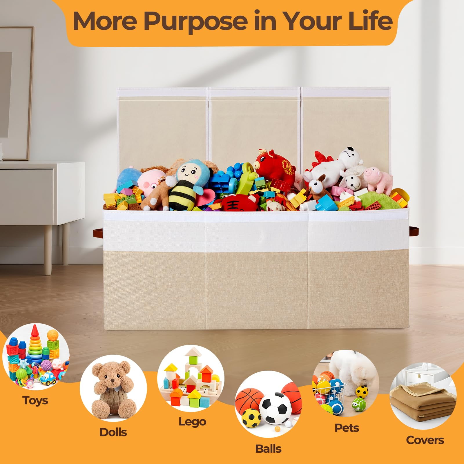 Extra Large Toy Box,Toy Storage Organizer Collapsible Storage Bins with Lids Toy Chest and 2 Side bags ,40"X14"X16"，large toy box for Living Room,Nursery,Playroom,Home Organization(Beige & White)