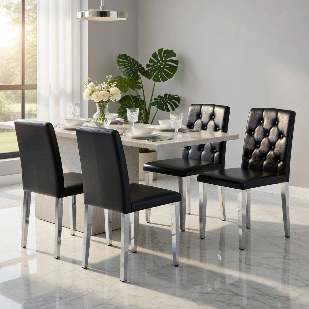 Hommoo 4-Pack PU Leather Dining Chairs with Ergonomic Buckle Backrest, 35 in Height, Metal Legs, Modern Minimalist Design for Home Dining Room or Commercial Use, Black & Sliver