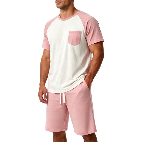 Sewkxo Mens Pajamas Set Lightweight Summer Pjs Sleepwear Soft Comfy Short Sleeve Sleep Set With Pocket,Pink 4XL