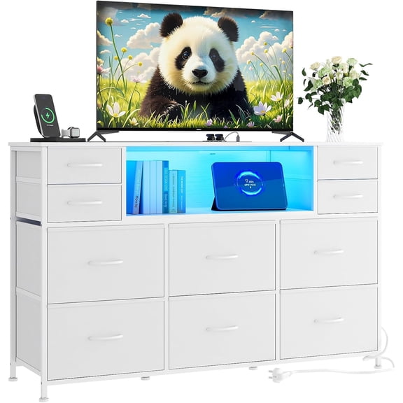 10-Drawer Fabric Dresser TV Stand with LED Lights, Power Outlets & Wood Top, White
