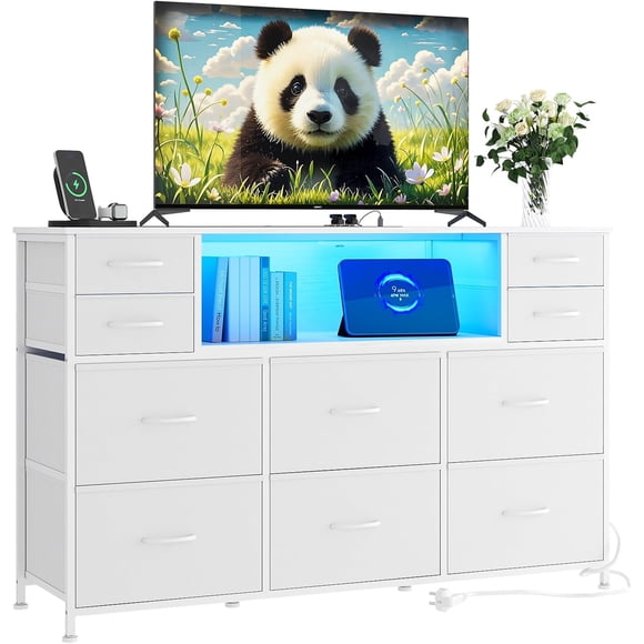 10 Fabric Drawers Dresser, Entertainment Center TV Stand with Power Outlet & LED Light for 45"-55" TV, Chest of Drawers with Wood Top and Open Shelves for Bedroom, Living Room, Hallway, White