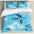 thumbnail image 1 of Birds Queen Size Duvet Cover Set, Illustration of Blue Swallow Bird Among the Clouds Known As Hirundo Atrocaerulea, Decorative 3 Piece Bedding Set with 2 Pillow Shams, Multicolor, by Ambesonne, 1 of 3