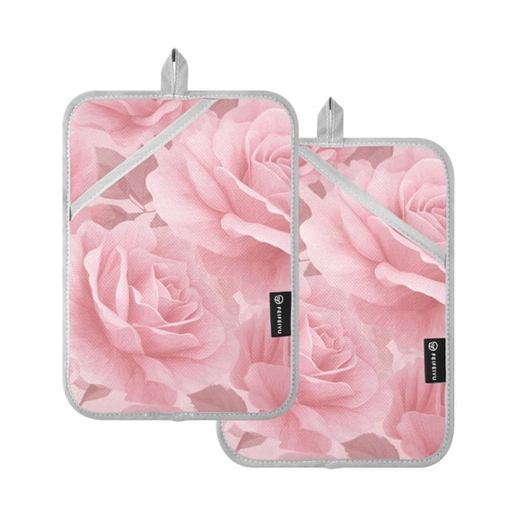 Light Pink Roses Pot Holder Heat Resistant Mat Oven Hot Pads Pocket Design Potholders Set of 2