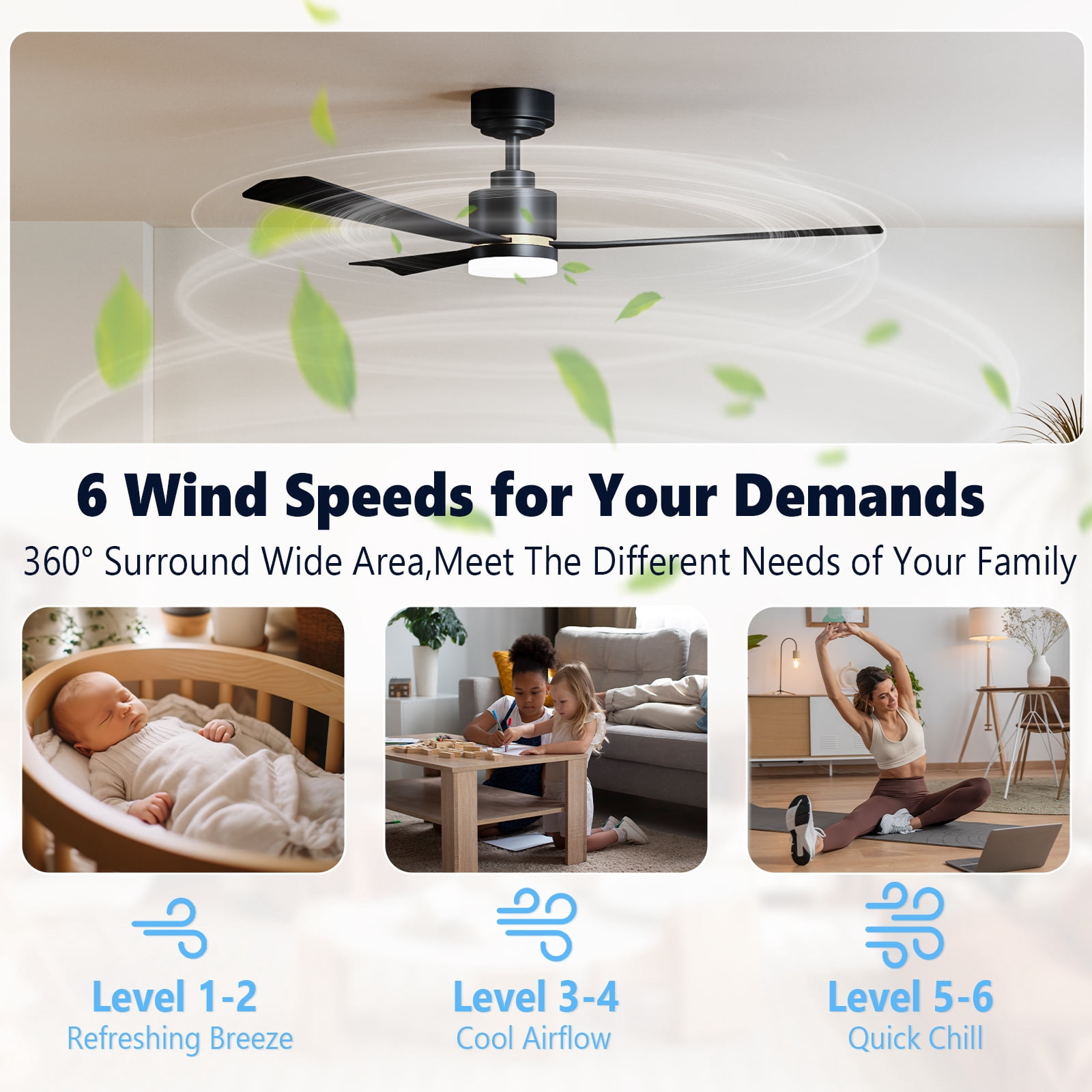 CRZOE Ceiling Fans with Lights, 52 inch Low Profile Ceiling Fan with Remote Control, Flush Mount, Reversible, 3CCT, Dimmable, Quiet, Black Small Ceiling Fan for Bedroom Indoor/Outdoor Use, Black