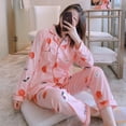 thumbnail image 1 of Woman Pajamas Spring Autumn Girls Lapel Lovely Peach Pattern Homewear Suit Long Sleeves Tops+ Trousers Nighty Set, 1 of 8