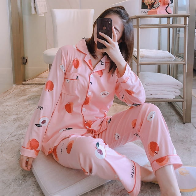 Woman Pajamas Spring Autumn Girls Lapel Lovely Peach Pattern Homewear Suit Long Sleeves Tops+ Trousers Nighty Set